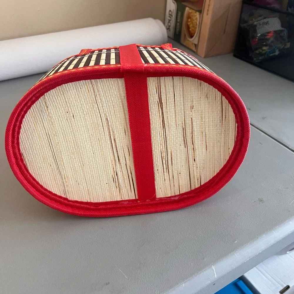 Woven Bamboo Basket with Red Handles | Boho Cottagecore Decor Storage